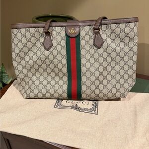 Gucci Monogram Canvas Tote with Red and Green Stripe